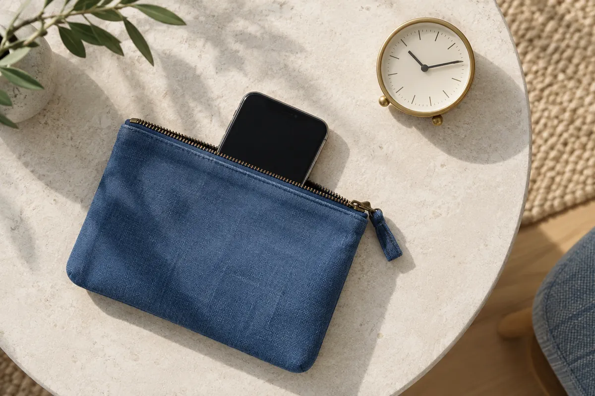 Vista superior de un celular dentro de una bolsa azul junto a un reloj sobre una mesa clara.