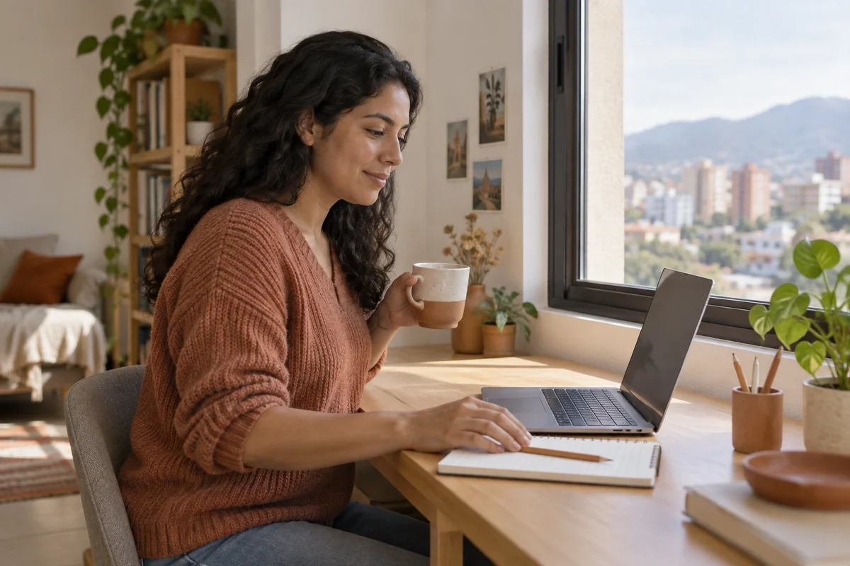 Mujer junto a una ventana, con computadora y cuaderno sobre una mesa despejada.
