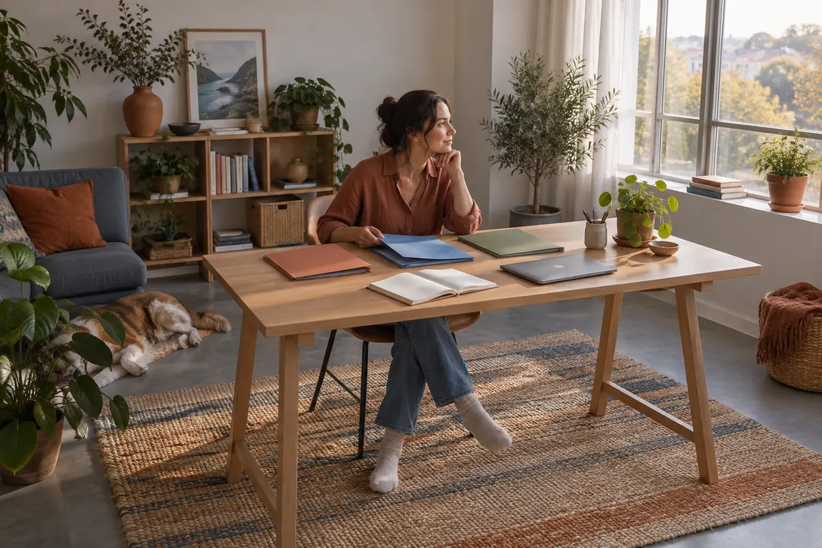 Mujer en un estudio amplio con carpetas de tareas y un portátil cerrado, mirando hacia la ventana.