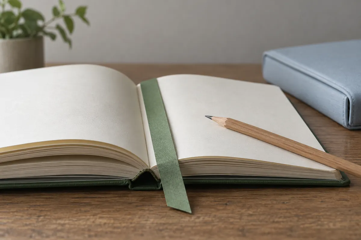 Detalle de un cuaderno abierto con marcador verde y lápiz para señalar el punto de retorno.