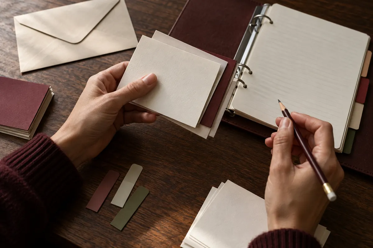 Manos revisando tarjetas y un archivador abierto sobre una mesa de madera.