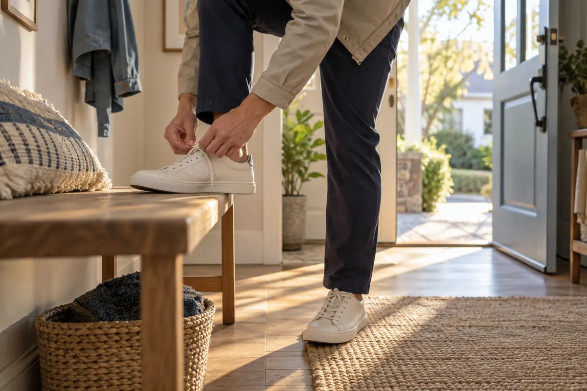 Persona atándose los zapatos junto a la puerta de casa antes de una salida por la mañana.