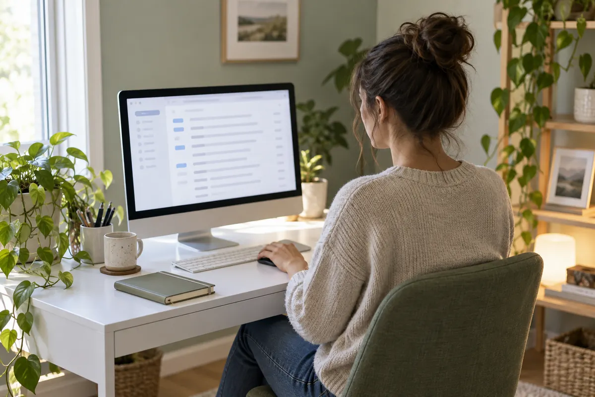 Mujer revisando mensajes en un monitor vista desde atrás en su espacio de trabajo