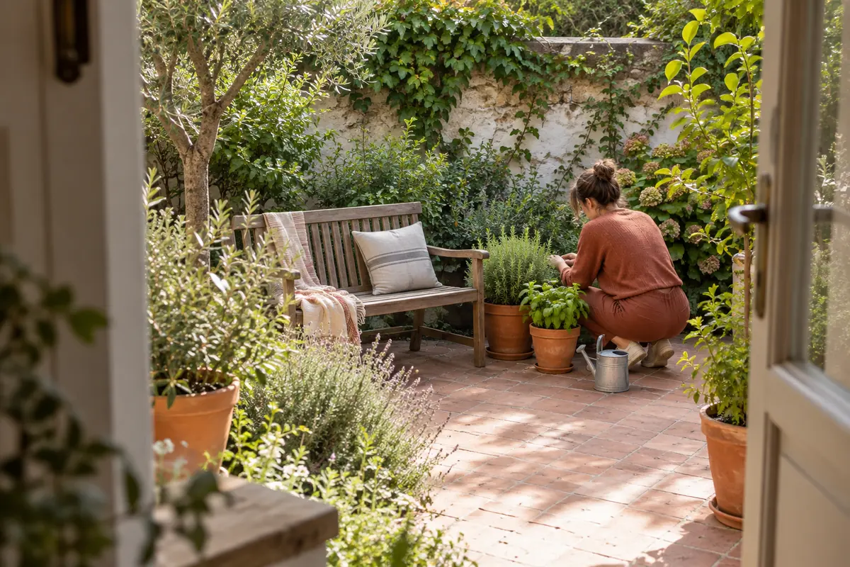 Persona cuidando plantas en un pequeño jardín durante su tiempo libre