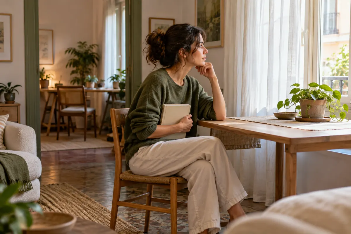 Mujer de perfil comparando un lugar junto a la ventana con otra mesa disponible en casa.