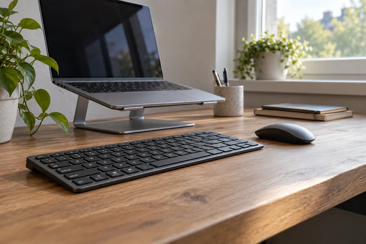Detalle lateral de un portátil elevado con teclado y ratón separados sobre una mesa sencilla.