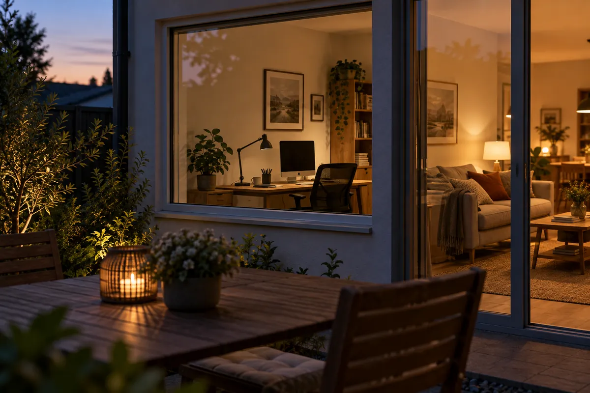 Vista exterior al anochecer de un escritorio vacío junto a una sala iluminada.