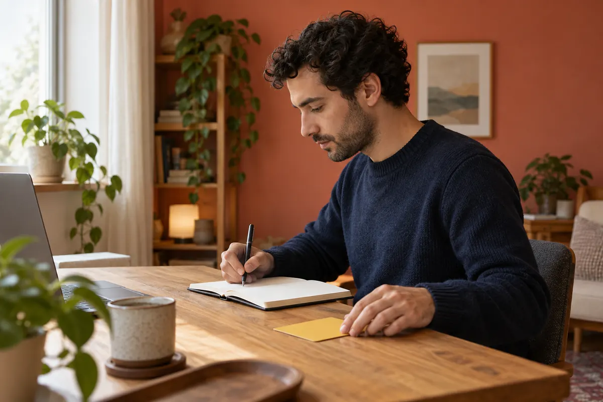 Hombre revisando sus notas después de una reunión y separando una tarjeta de acción