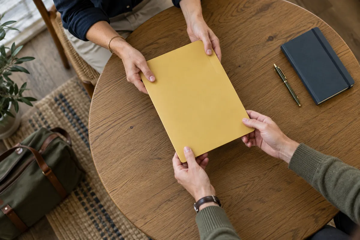 Dos personas se entregan una carpeta de trabajo sobre una mesa vista desde arriba
