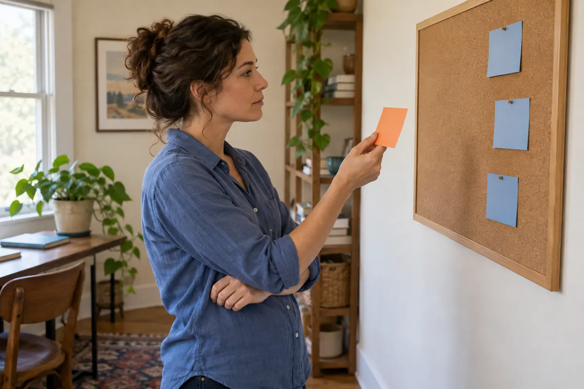 Mujer comparando una nueva tarjeta con las tareas de un tablero de trabajo