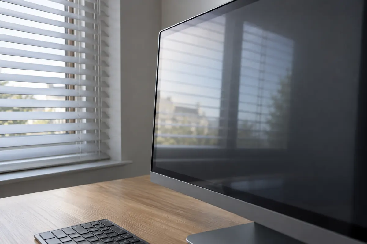 Reflejo de una ventana con persiana en la pantalla de un monitor