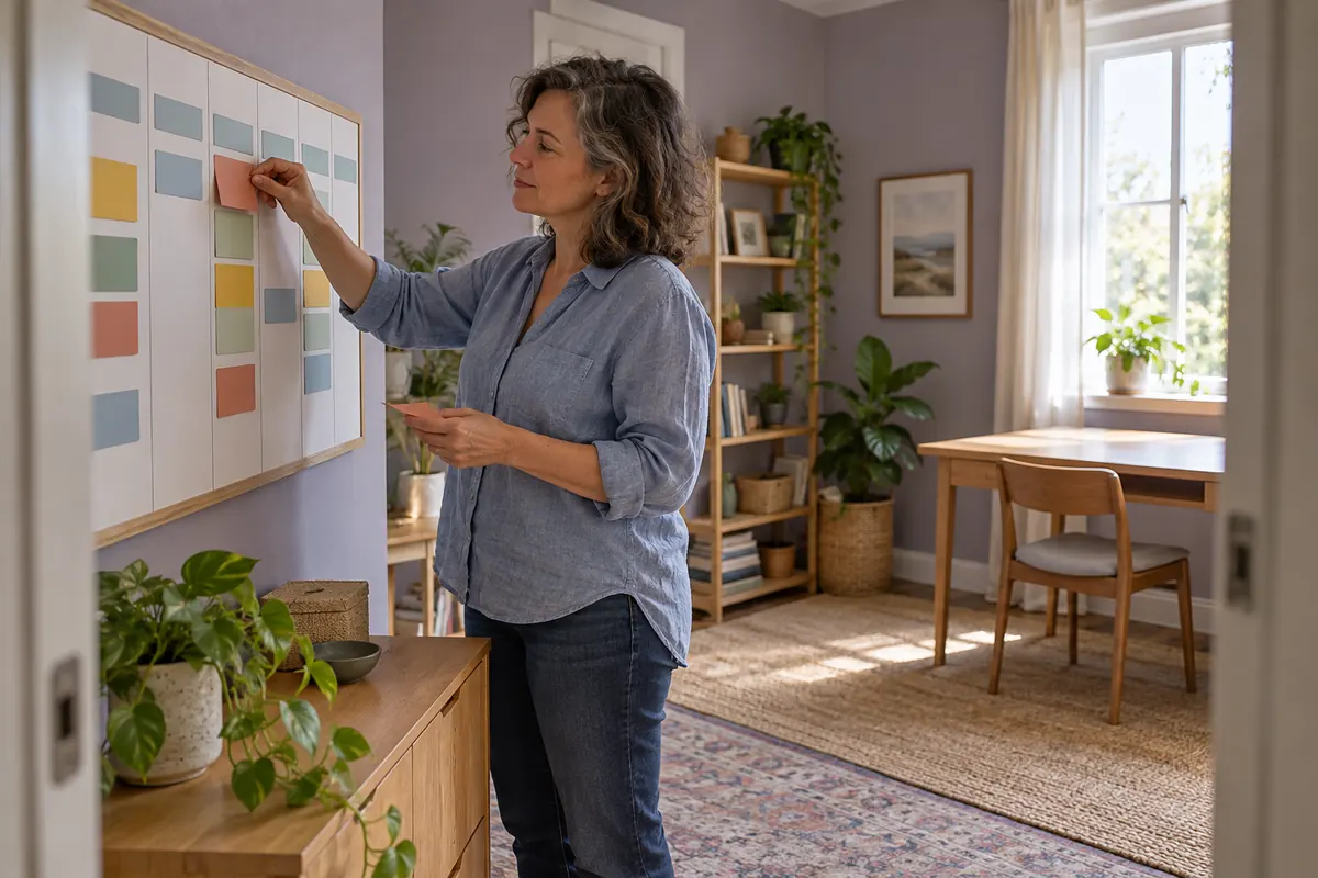 Mujer reorganizando tarjetas en un calendario semanal de pared