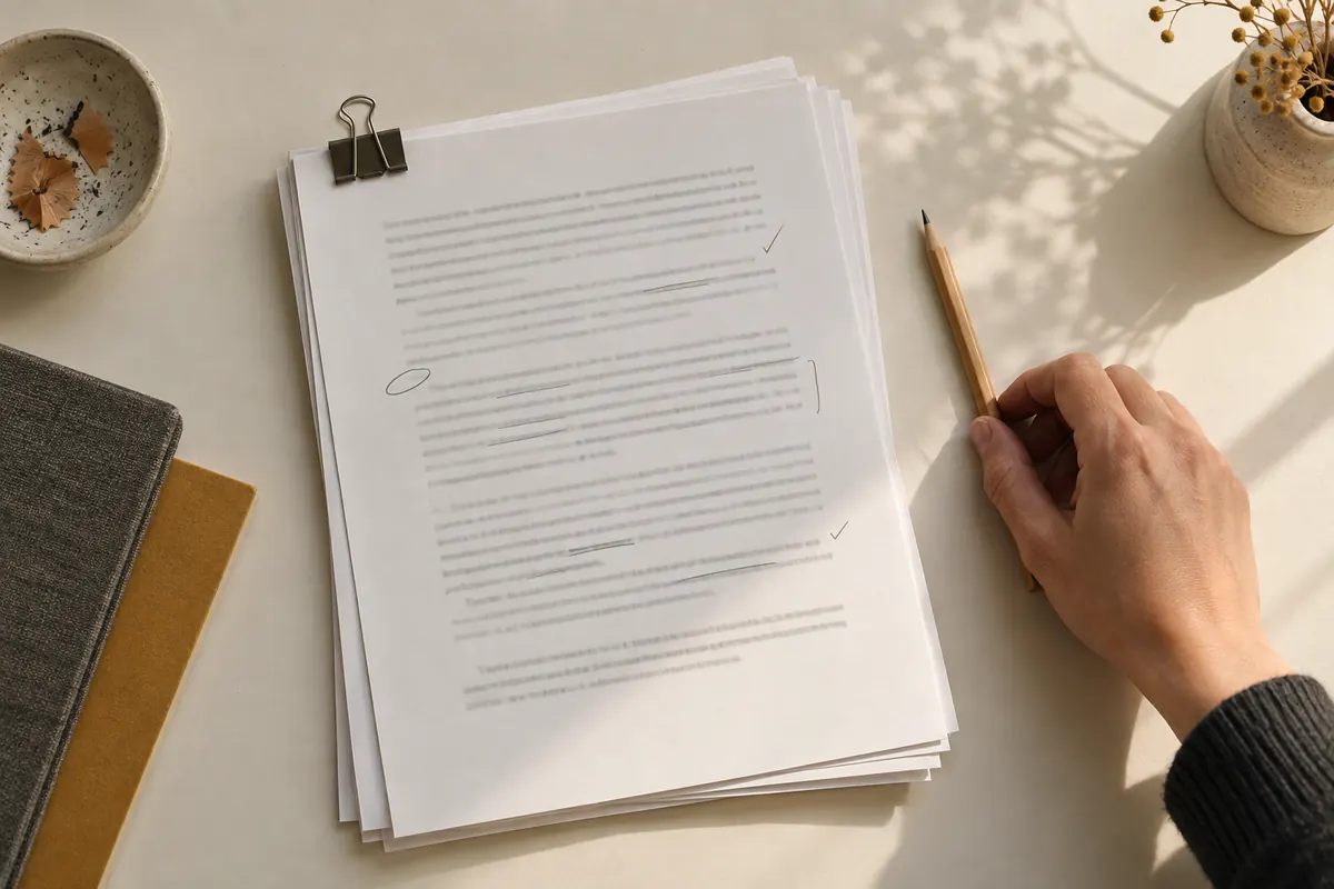 Mano dejando un lápiz junto a un documento revisado visto desde arriba