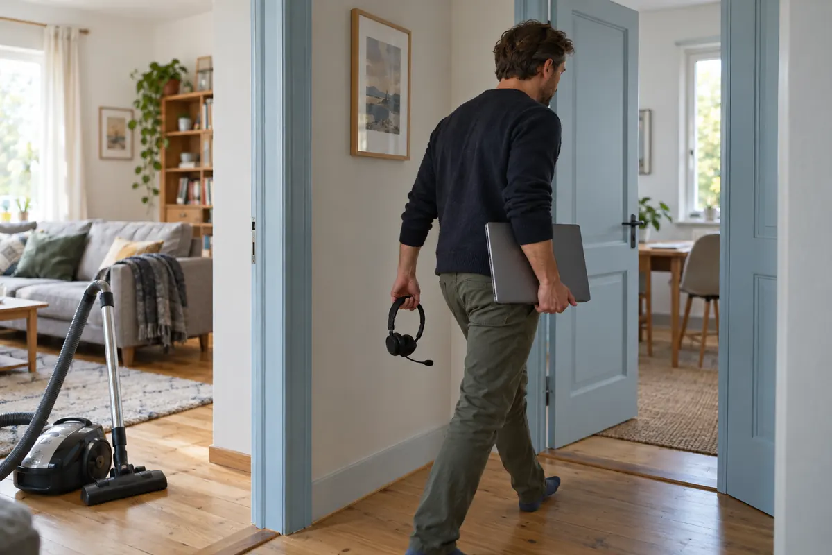 Persona trasladando portátil y auriculares a otra habitación de la casa