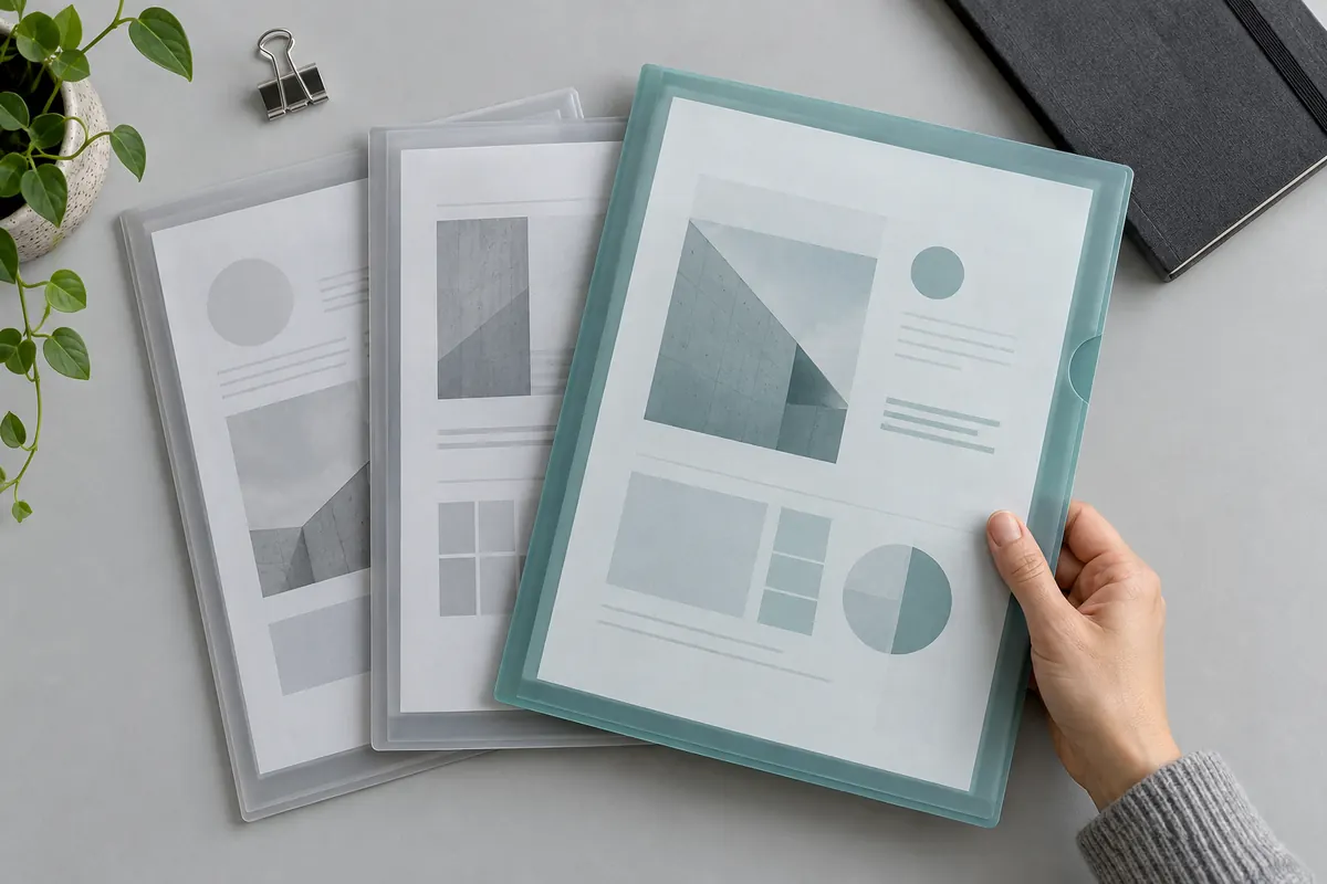 Mano seleccionando una carpeta azul entre varias versiones de un documento